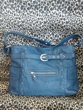 Victor Alfaro Navy Blue Leather Shoulder Bag with Silver Buckle